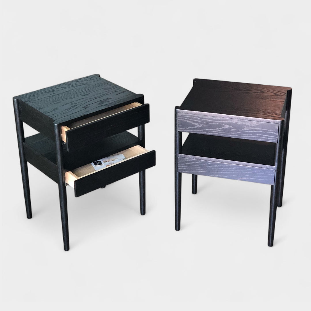 EARL Ebonized oak solid wood bedside table with two drawers and a shelf. Perfect nightstand next to any vintage or mid century modern style bed frame.