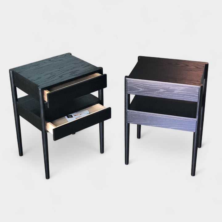 EARL Ebonized oak solid wood bedside table with two drawers and a shelf. Perfect nightstand next to any vintage or mid century modern style bed frame.