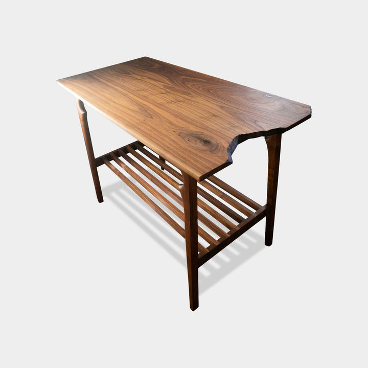 Solid Walnut wooden bread board or kitchen island with a slatted shelf for all of your cook books or produce baskets. 