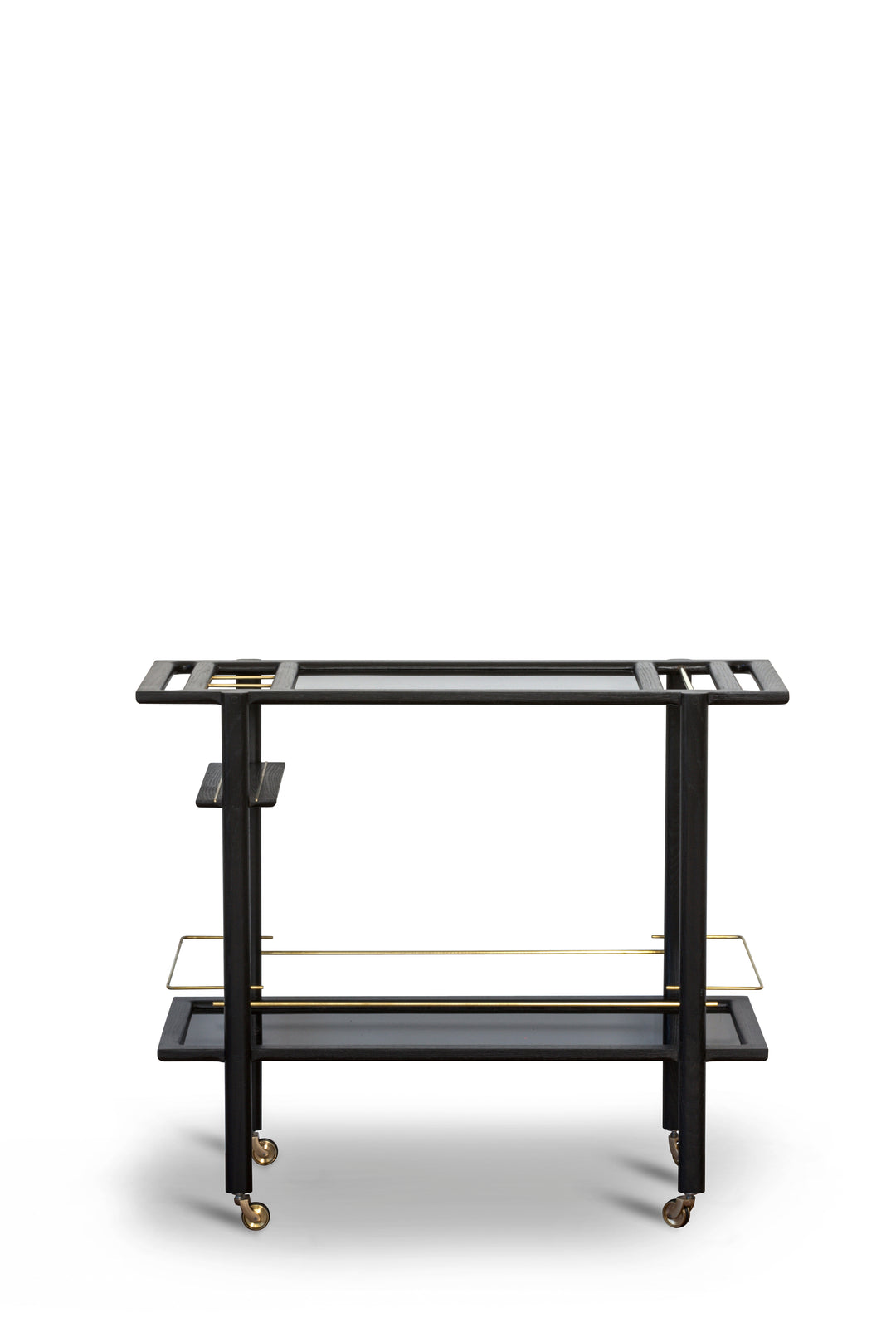 The BAR Cart from Earl Home is a solid wood bar cart on wheels with exquisite hand-cut joinery, featuring two shelves: a robust wood top and an elegant lower shelf made of tempered glass panels.