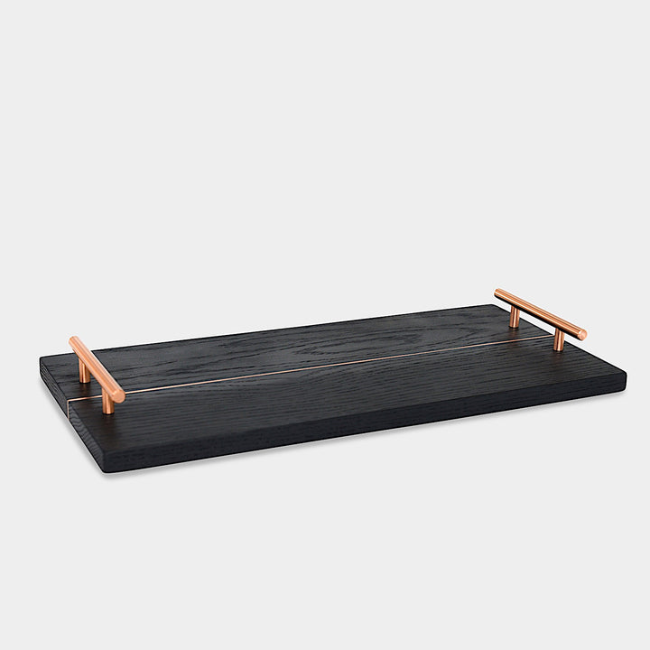 The RECTANGLE Service Tray by Earl Home is a handcrafted, two-tone wooden serving board with elegant brass handles, featuring a light and dark wood design akin to a classic brass tray.