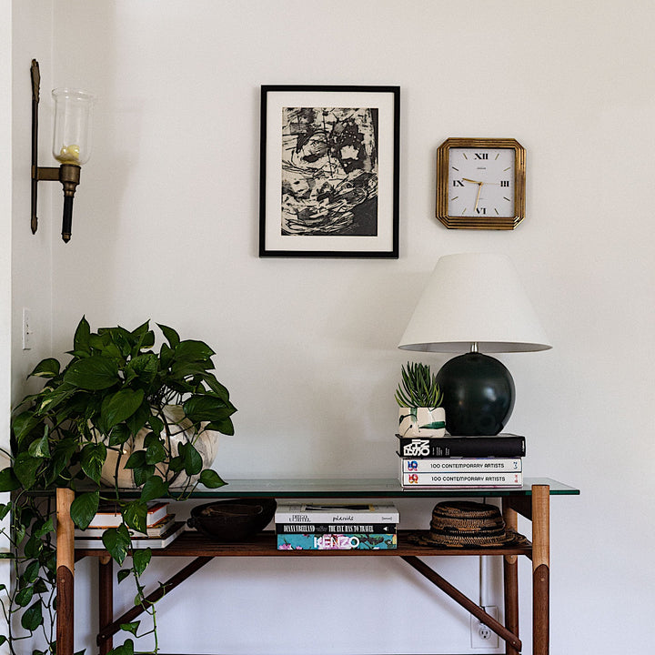 An Earl Home Console with a tempered glass top and brass accents showcases books and a large-leaved potted plant.