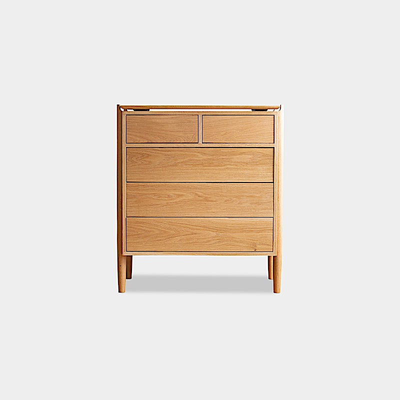 The KABOT Sideboard (High) by Earl Home is a custom-made walnut dresser with two small top drawers and three larger bottom drawers, showcased against a plain background.