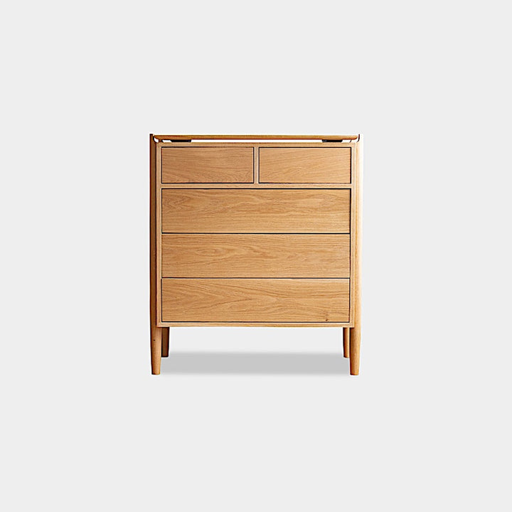 The KABOT Sideboard (High) by Earl Home is a custom-made walnut dresser with two small top drawers and three larger bottom drawers, showcased against a plain background.