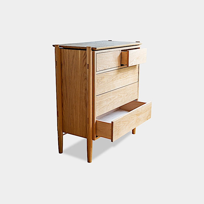 The KABOT Sideboard (High) by Earl Home is a custom-made walnut dresser with two small top drawers and three larger bottom drawers, showcased against a plain background.