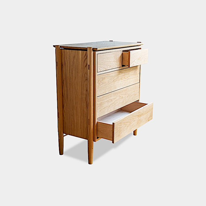 The KABOT Sideboard (High) by Earl Home is a custom-made walnut dresser with two small top drawers and three larger bottom drawers, showcased against a plain background.