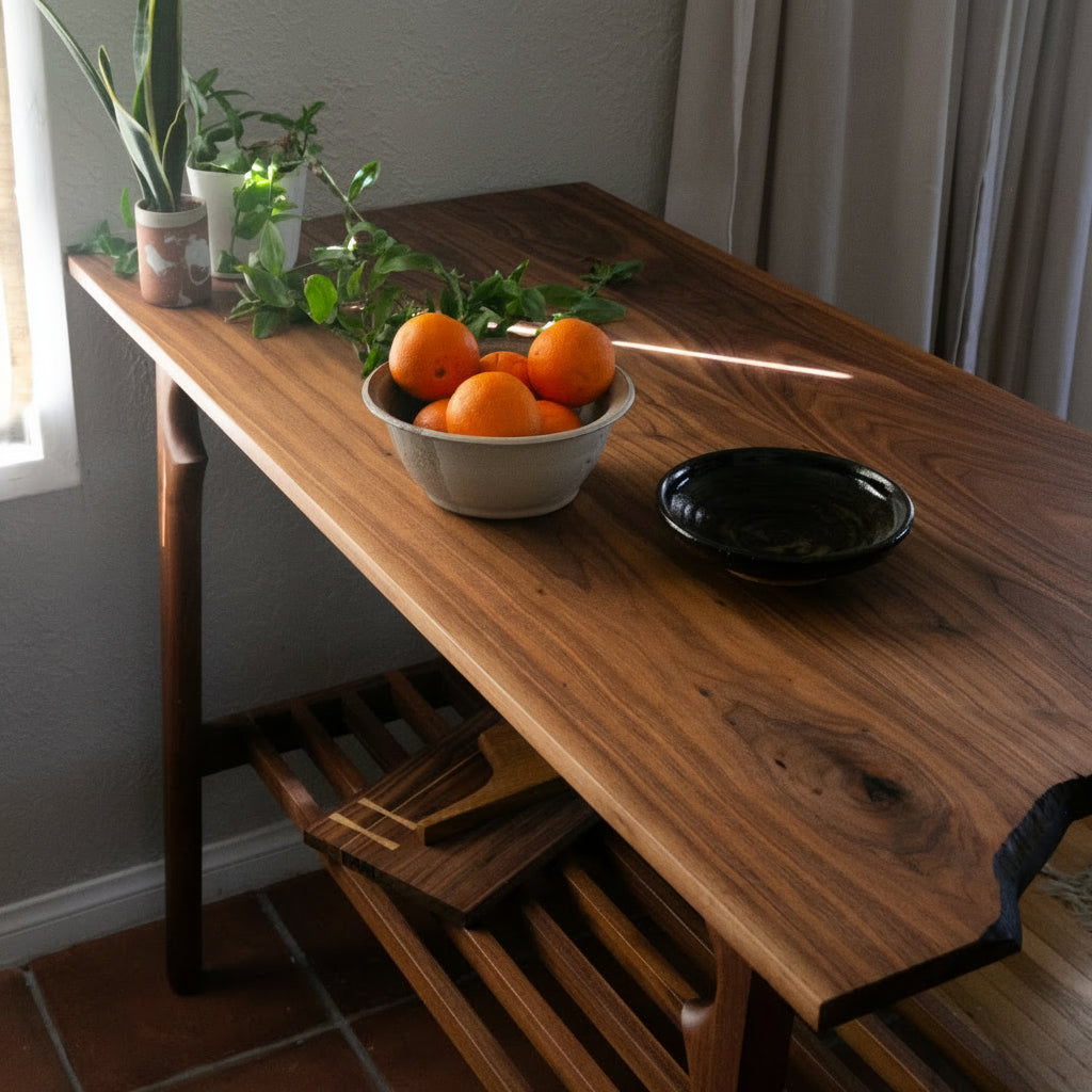 Solid Walnut wooden bread board or kitchen island with a slatted shelf for all of your cook books or produce baskets. 