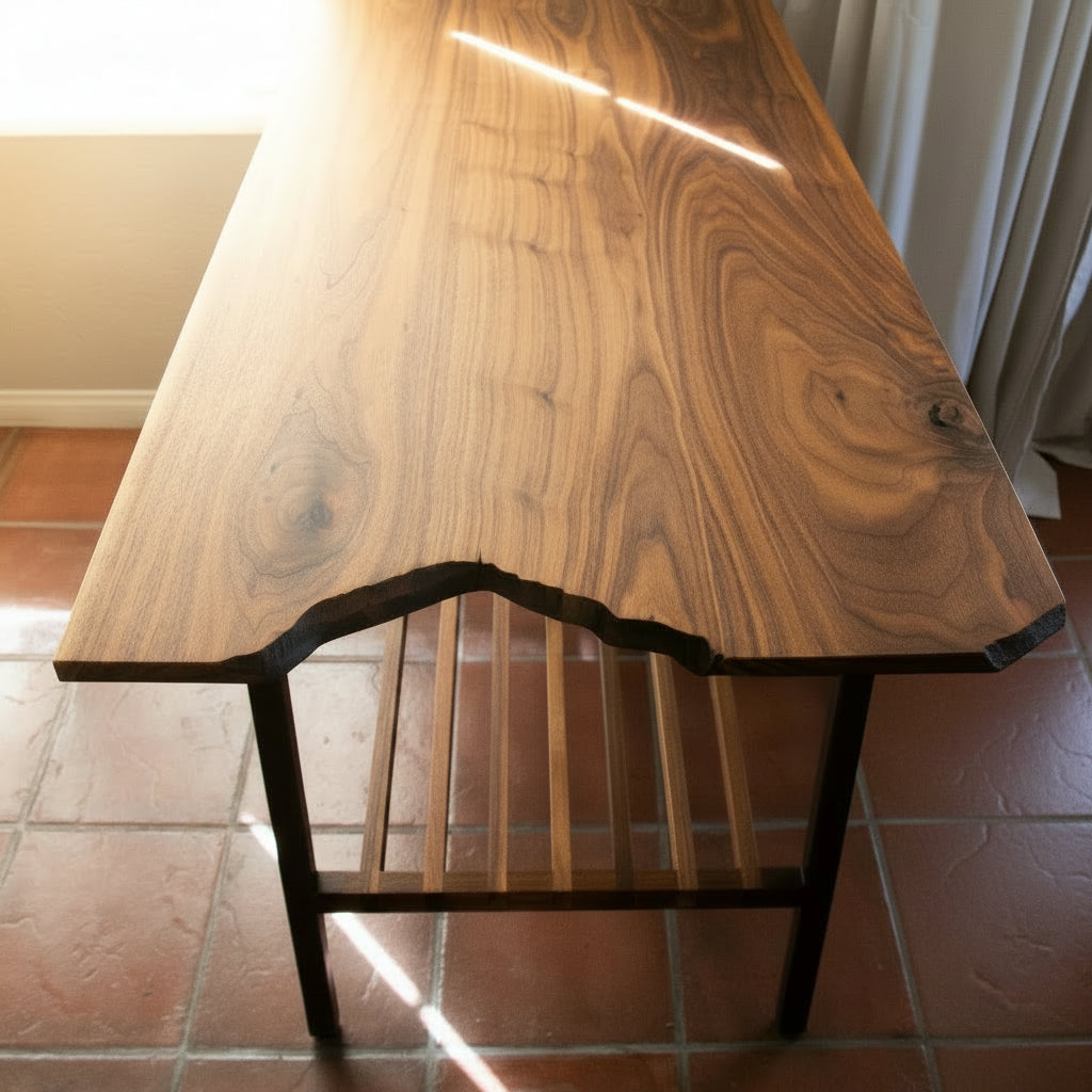 Solid Walnut wooden bread board or kitchen island with a slatted shelf for all of your cook books or produce baskets. 