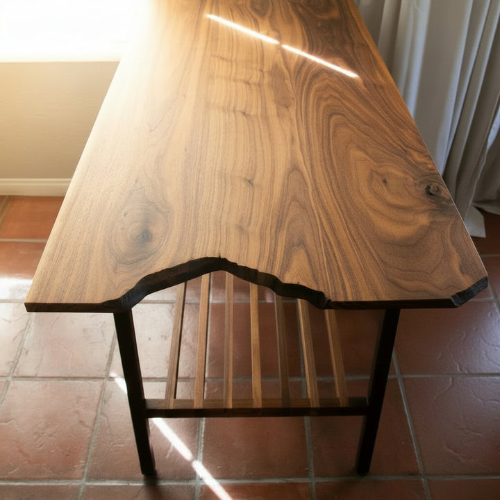 Solid Walnut wooden bread board or kitchen island with a slatted shelf for all of your cook books or produce baskets. 