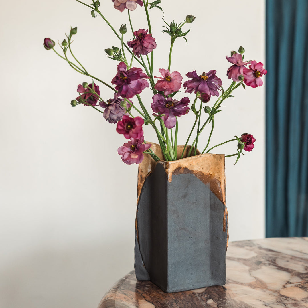 Charcoal Clay slab built and hand rolled ceramic vase. 