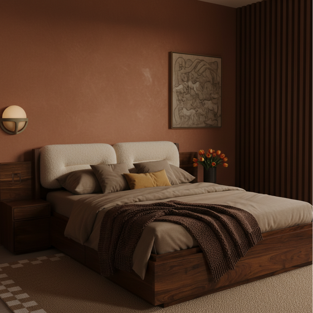 Cozy bedroom with wooden bed, plush bedding, and decorative elements.