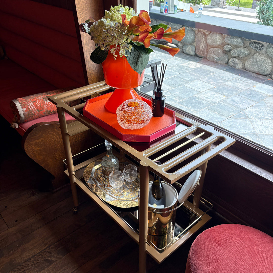 Dunn-edwards apple cinnamon custom lacquered bar cart. with bronze mirrored shelves and brass accents.