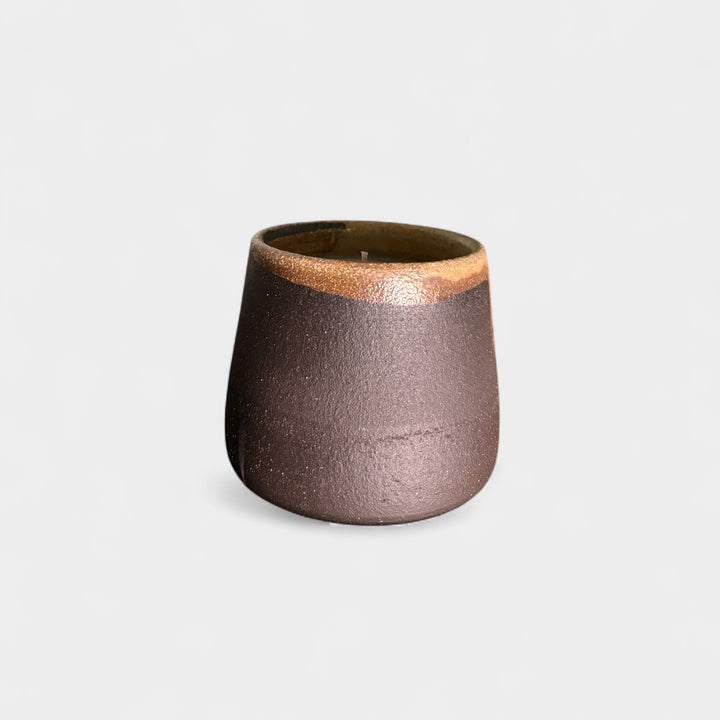 Hand thrown ceramic candle vessel with soy hand poured candle. Scent - basil vetiver cedar