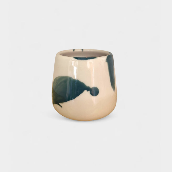 Hand thrown ceramic candle vessel with soy hand poured candle. Scent - basil vetiver cedar