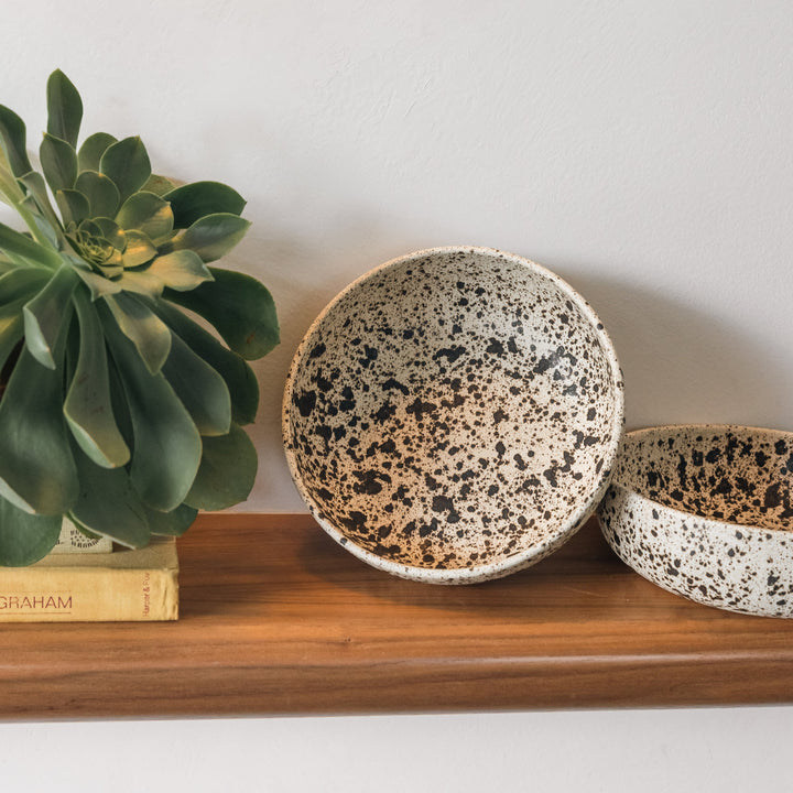 Two ceramic bowls with a speckled pattern on a wooden shelf with a plant and book in the background.