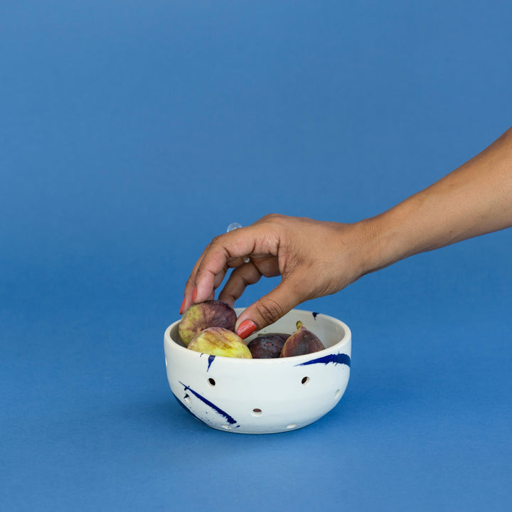 Berry Colander Hand made pottery, hand thrown ceramic mesh bowl with terra cotta clay and cream splattered glaze, made in Los Angeles, California. Great for rinsing berries, or fruit. Microwave and dishwasher safe.