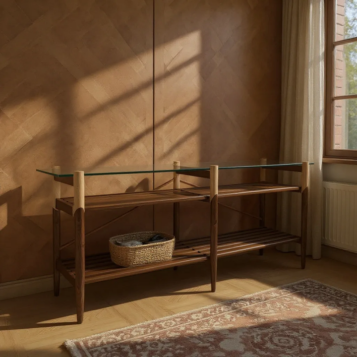 Hand-turned solid wood base. Polished clear tempered glass top. Fine brass accents. Handmade or hand crafted furniture made of Walnut and Maple.