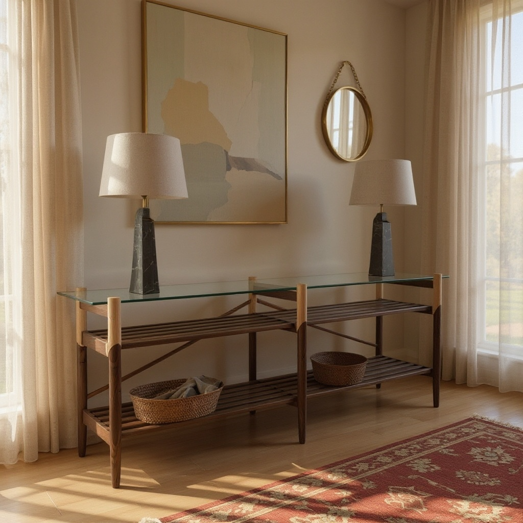 Hand-turned solid wood base. Polished clear tempered glass top. Fine brass accents. Handmade or hand crafted furniture made of Walnut and Maple.