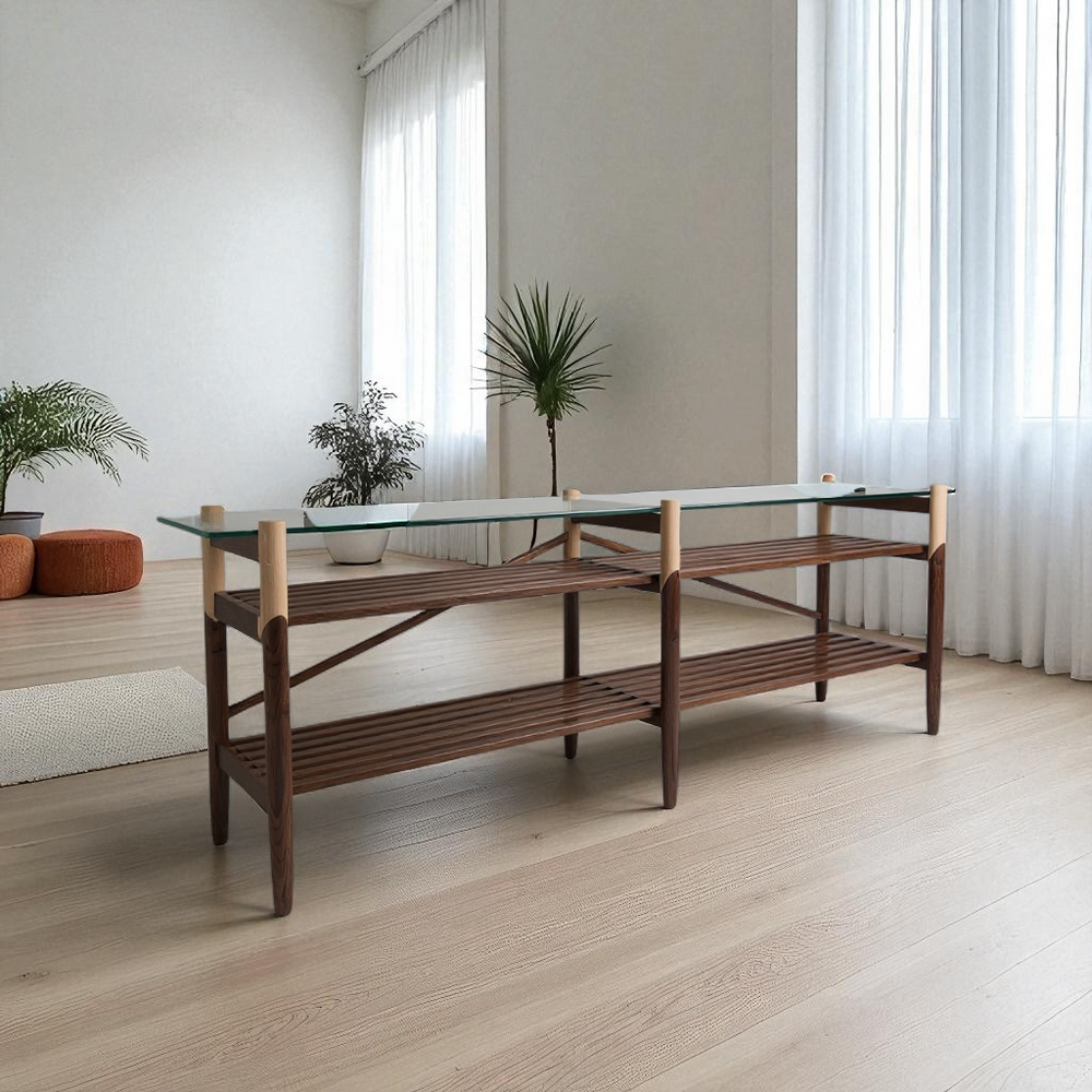 Hand-turned solid wood base. Polished clear tempered glass top. Fine brass accents. Handmade or hand crafted furniture made of Walnut and Maple.