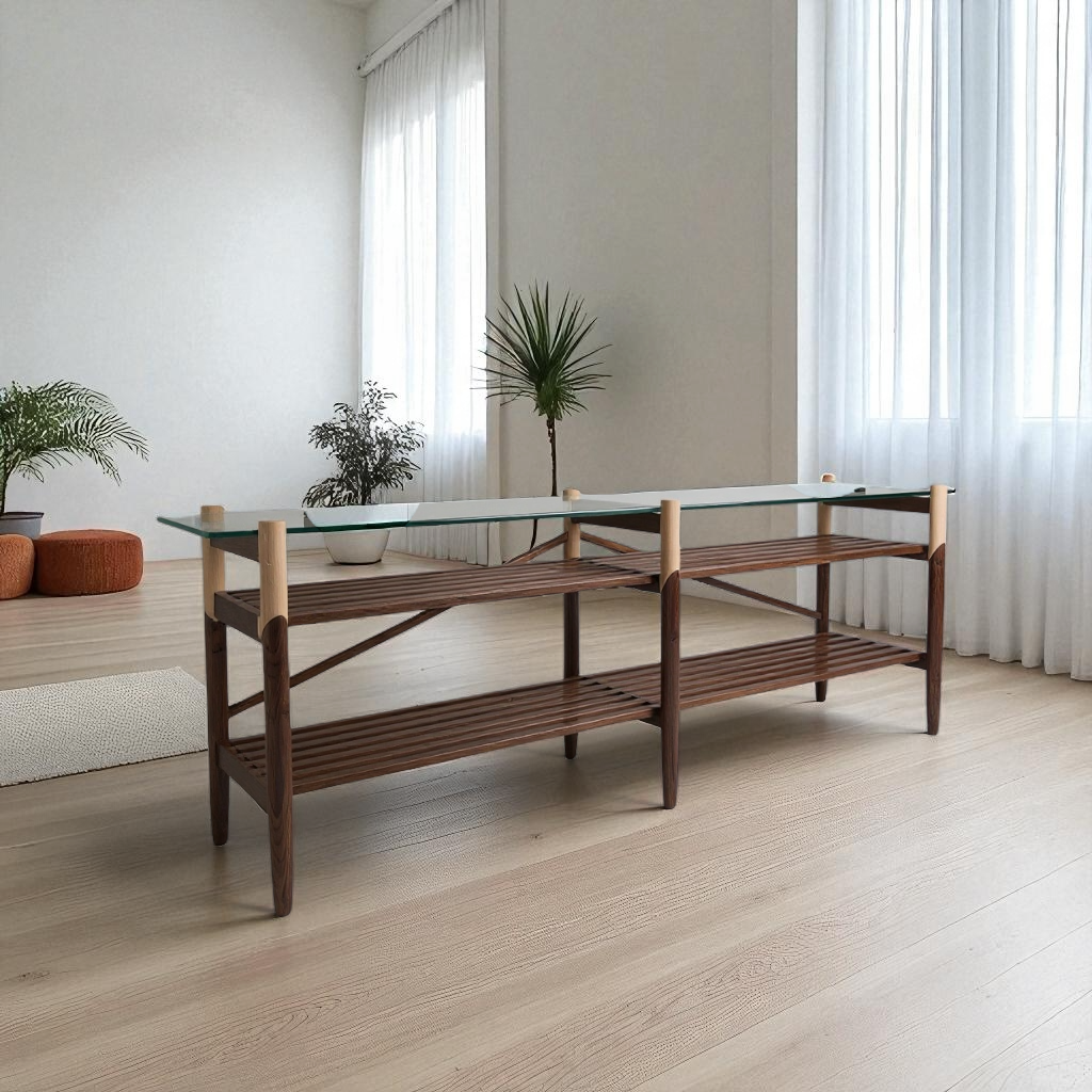 Hand-turned solid wood base. Polished clear tempered glass top. Fine brass accents. Handmade or hand crafted furniture made of Walnut and Maple.