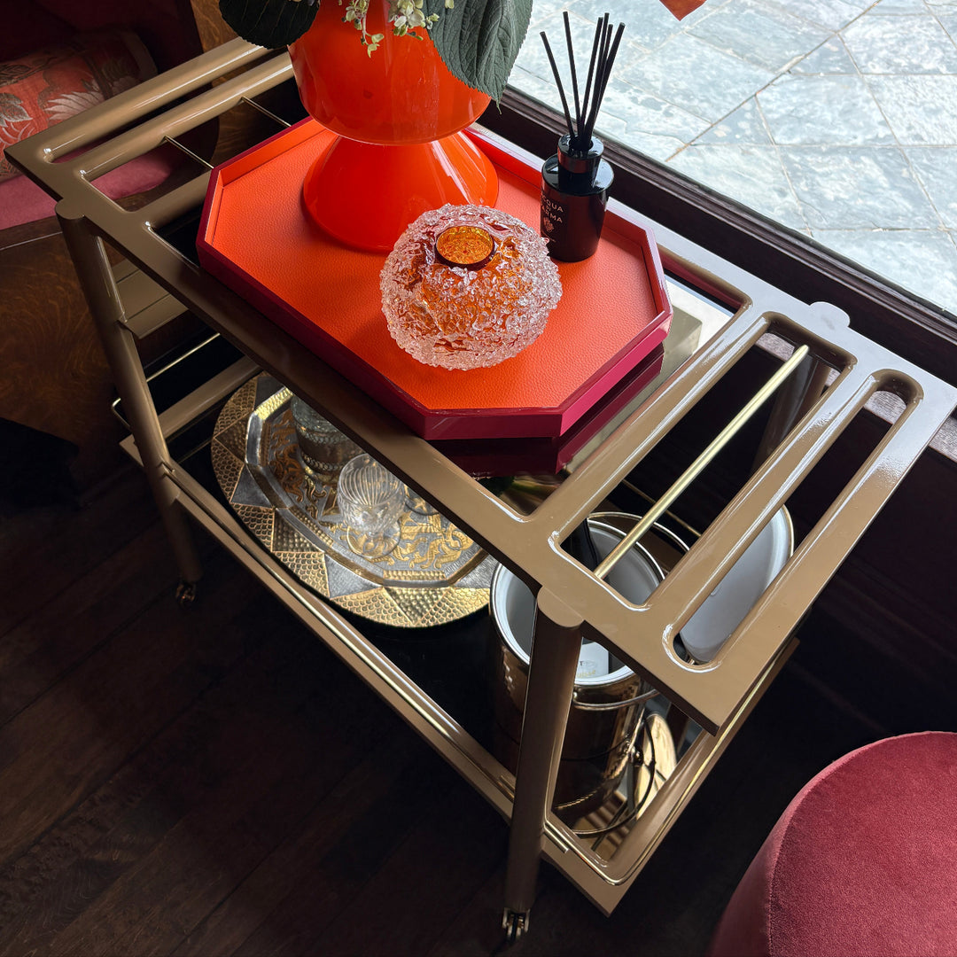 High Gloss Dunn-edwards apple cinnamon custom lacquered bar cart. with bronze mirrored shelves and brass accents.