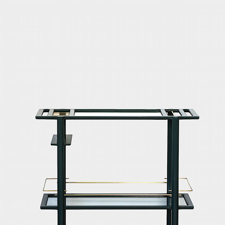 A minimalist wine rack with a dark frame and gold accents, featuring two rows for wine bottles and a top shelf.