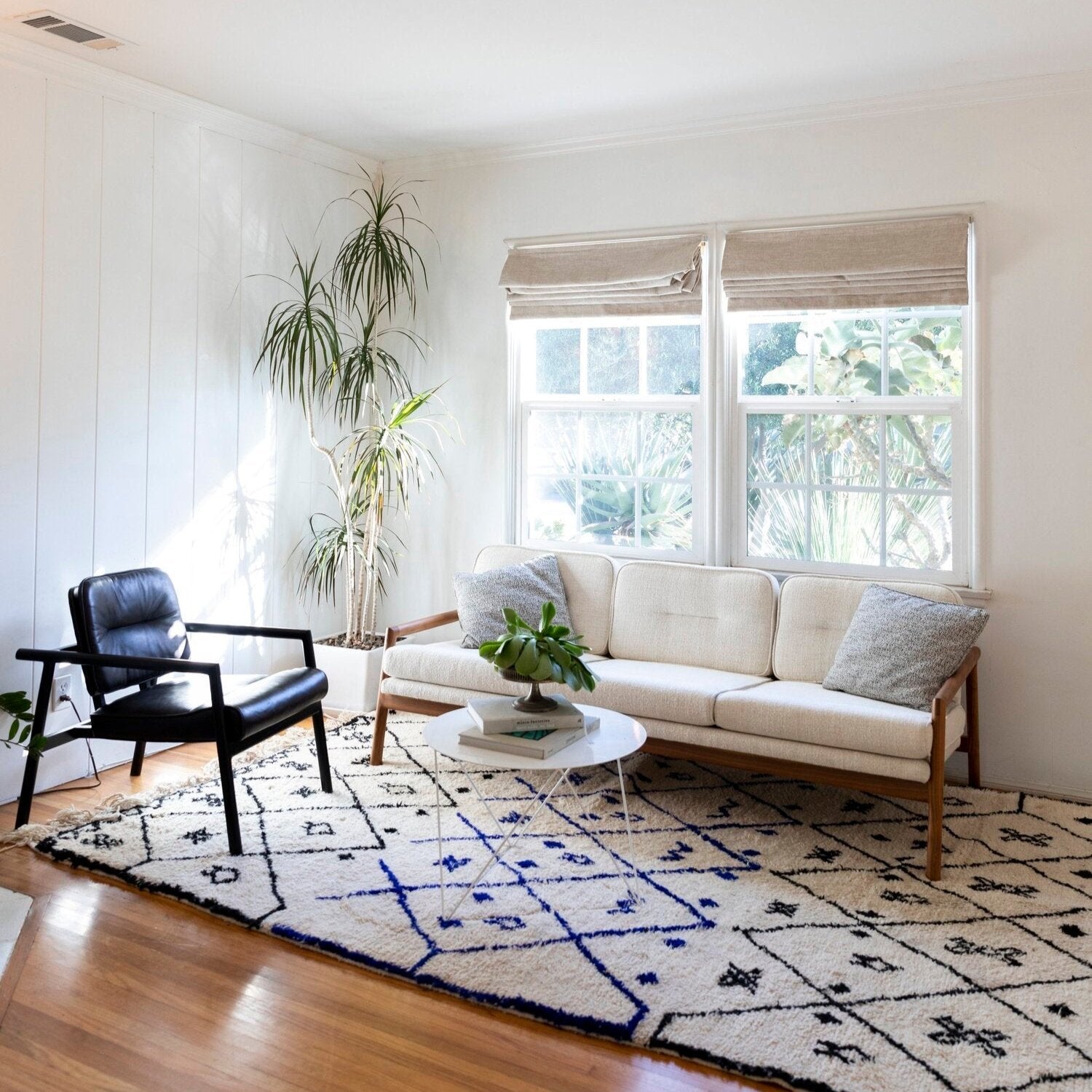 A bright living room with a white sofa, a black chair, a round coffee table, and a patterned rug. Large windows allow natural light, and a tall plant stands in the corner.