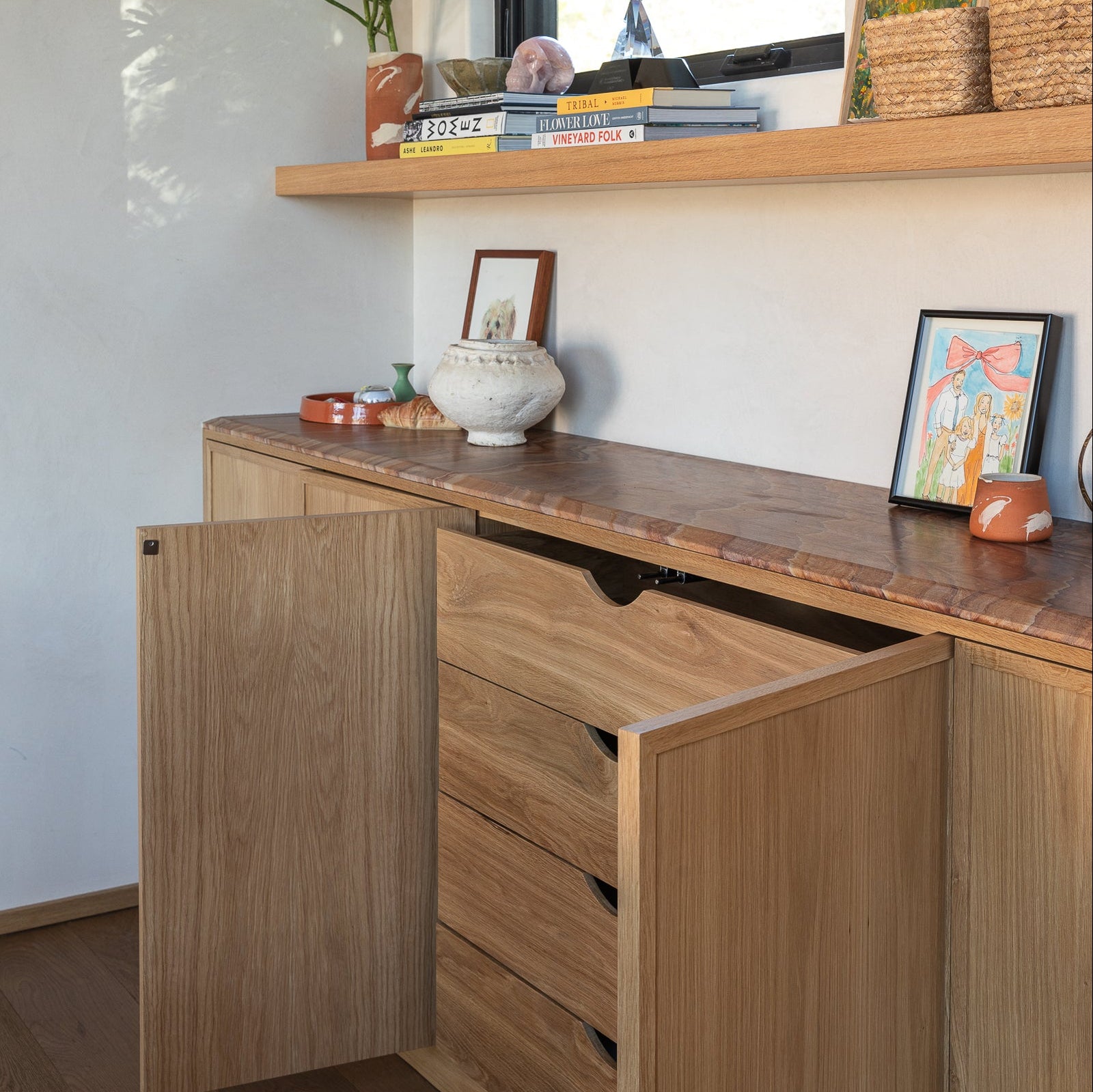 Solid White Oak built in cabinetry with limestone counter top