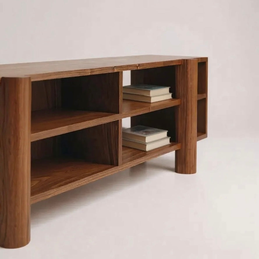 Walnut solid wood entertainment or entry console with shelves to hold shoes, art, sculptures, books or pictures. Storage Bench perfect for storing shoes in your mudroom.