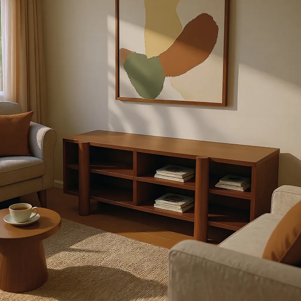 Walnut solid wood entertainment or entry console with shelves to hold shoes, art, sculptures, books or pictures. Storage Bench perfect for storing shoes in your mudroom.