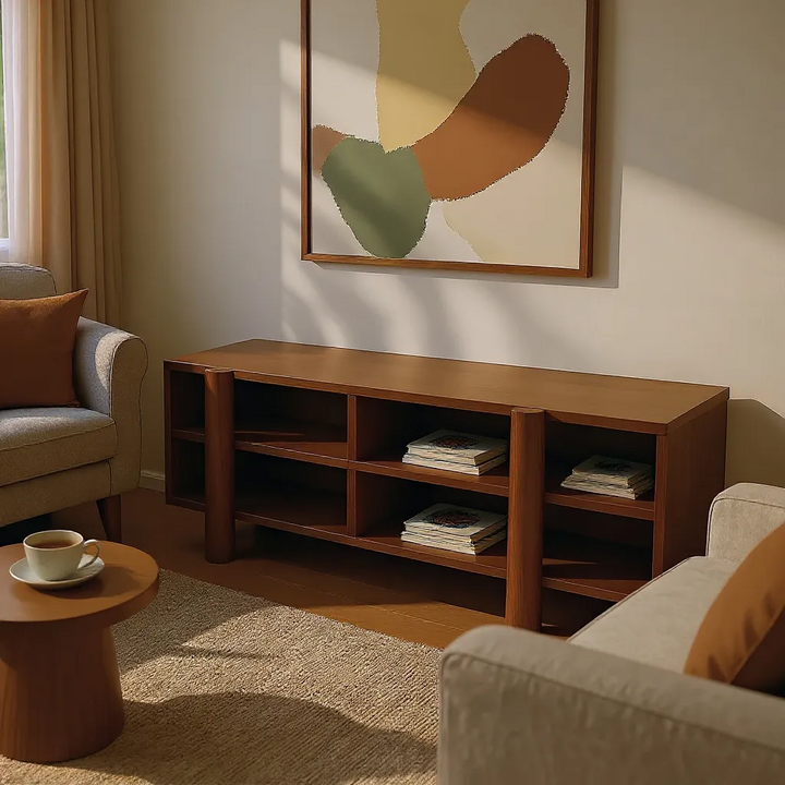 Walnut solid wood entertainment or entry console with shelves to hold shoes, art, sculptures, books or pictures. Storage Bench perfect for storing shoes in your mudroom.