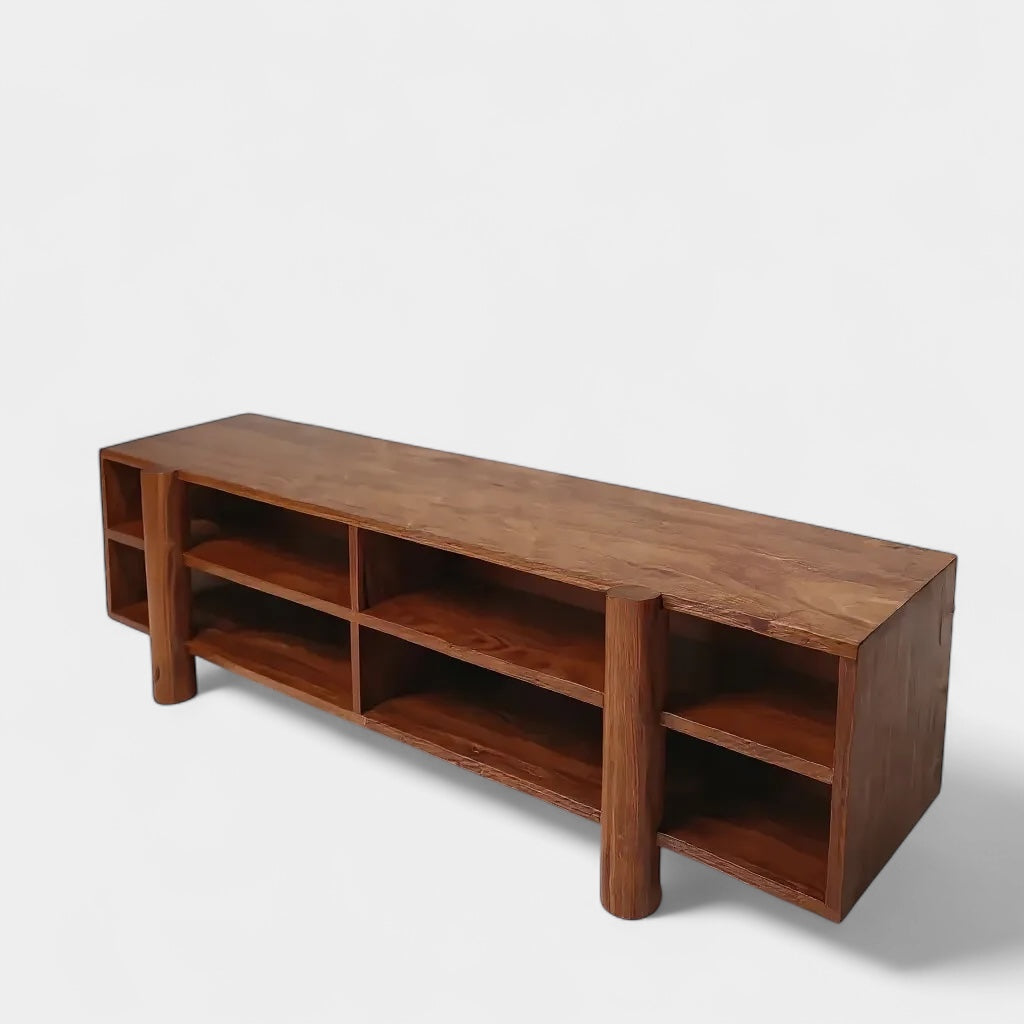 Walnut solid wood entertainment or entry console with shelves to hold shoes, art, sculptures, books or pictures. Storage Bench perfect for storing shoes in your mudroom.