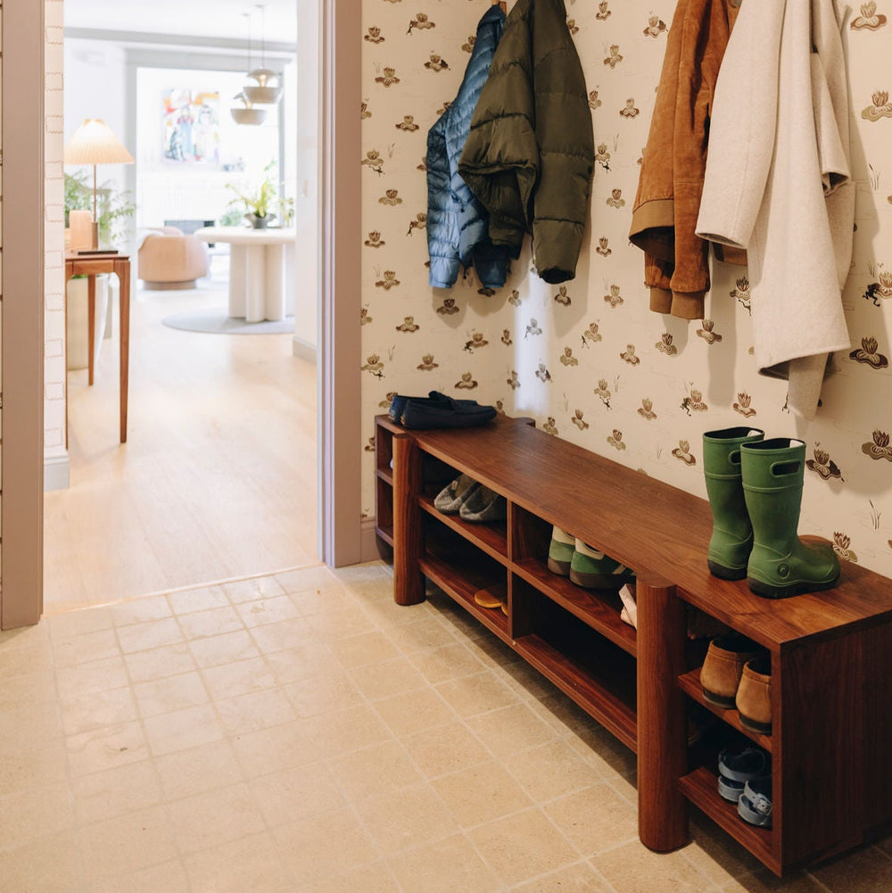Walnut solid wood entertainment or entry console with shelves to hold shoes, art, sculptures, books or pictures. Storage Bench perfect for storing shoes in your mudroom.