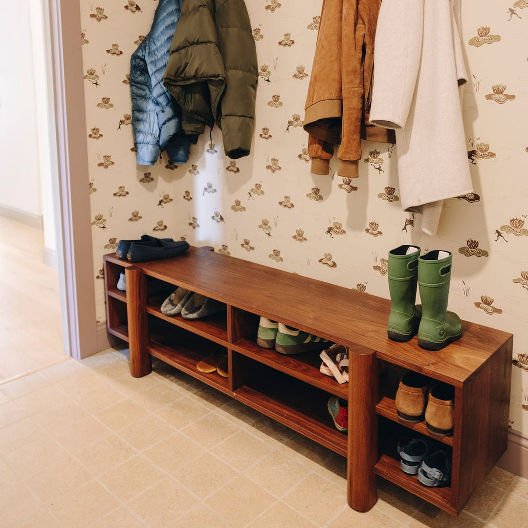 Walnut solid wood entertainment or entry console with shelves to hold shoes, art, sculptures, books or pictures. Storage Bench perfect for storing shoes in your mudroom.