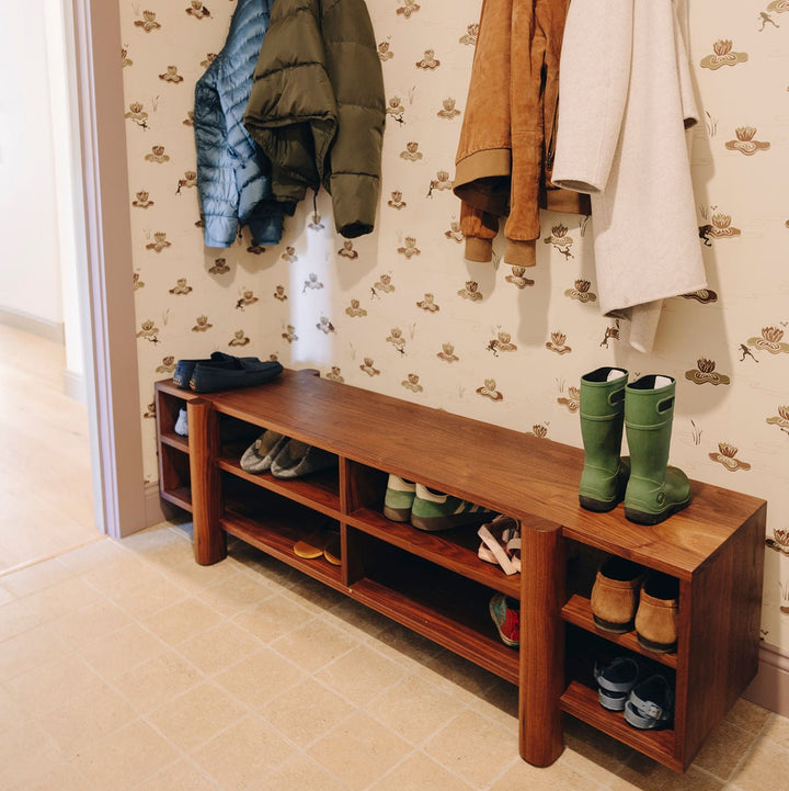 Walnut solid wood entertainment or entry console with shelves to hold shoes, art, sculptures, books or pictures. Storage Bench perfect for storing shoes in your mudroom.