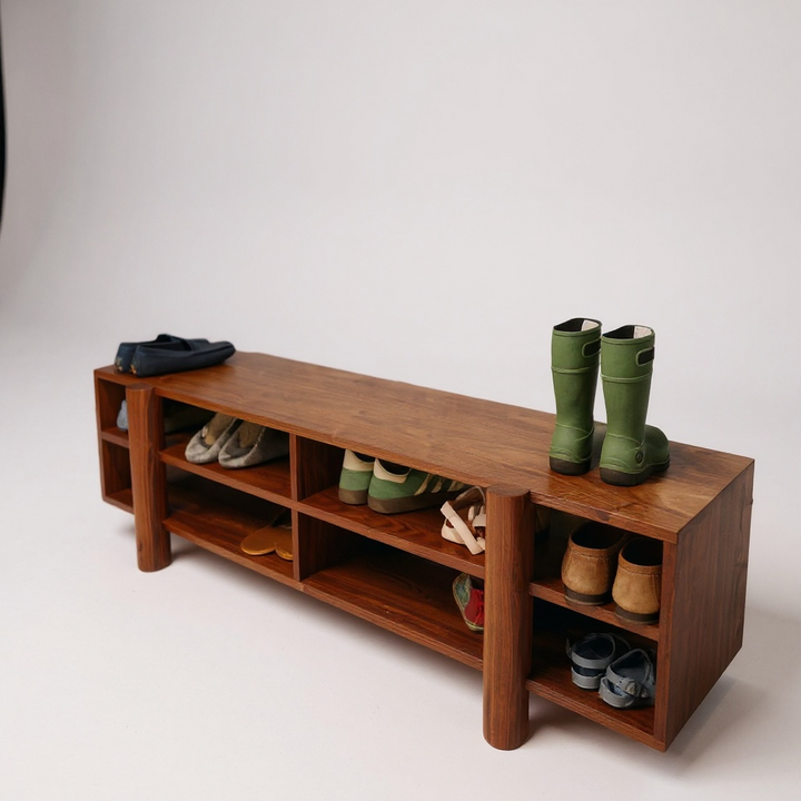 Walnut solid wood entertainment or entry console with shelves to hold shoes, art, sculptures, books or pictures. Storage Bench perfect for storing shoes in your mudroom.