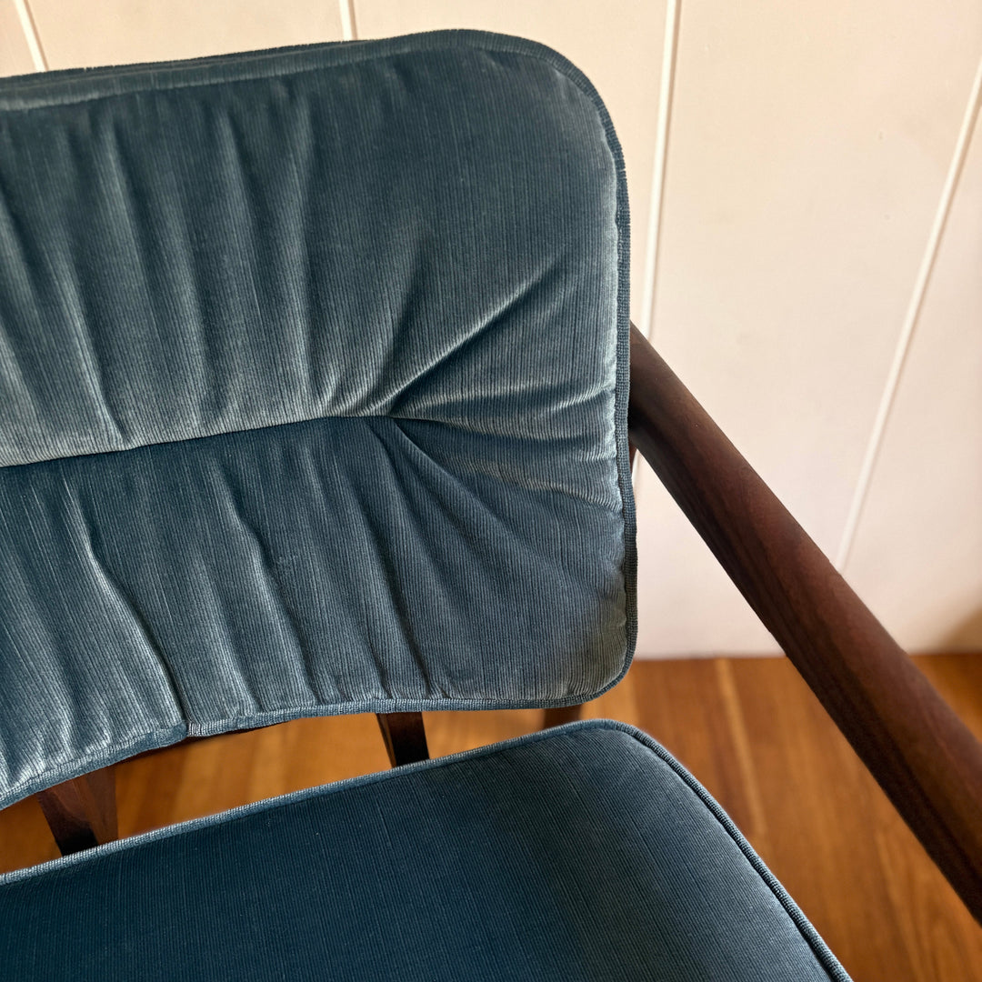 Blue velvet micro corduroy upholstered chair with solid wood frame. Available in white oak or walnut, with a custom upholstery. Hand made in Los Angeles California.