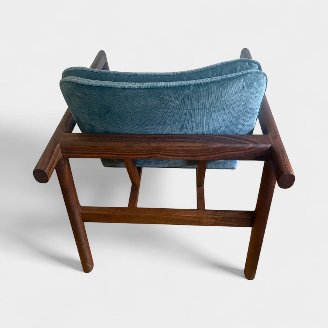 Blue velvet micro corduroy upholstered chair with solid wood frame. Available in white oak or walnut, with a custom upholstery. Hand made in Los Angeles California.