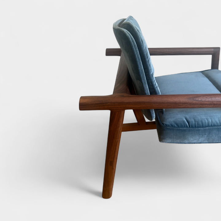 Blue velvet micro corduroy upholstered chair with solid wood frame. Available in white oak or walnut, with a custom upholstery. Hand made in Los Angeles California.