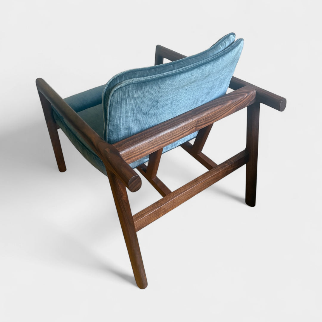 Blue velvet micro corduroy upholstered chair with solid wood frame. Available in white oak or walnut, with a custom upholstery. Hand made in Los Angeles California.