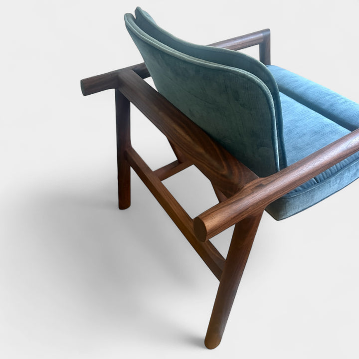 Blue velvet micro corduroy upholstered chair with solid wood frame. Available in white oak or walnut, with a custom upholstery. Hand made in Los Angeles California.