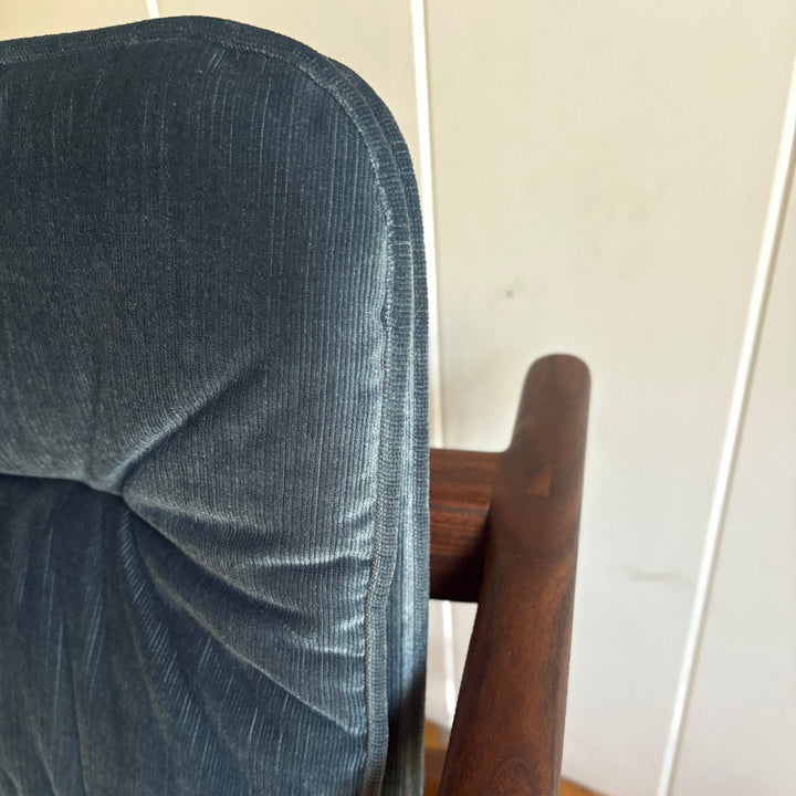 Blue velvet micro corduroy upholstered chair with solid wood frame. Available in white oak or walnut, with a custom upholstery. Hand made in Los Angeles California.