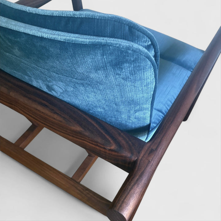 Blue velvet micro corduroy upholstered chair with solid wood frame. Available in white oak or walnut, with a custom upholstery. Hand made in Los Angeles California.