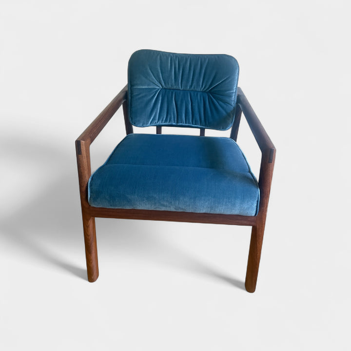 Blue velvet micro corduroy upholstered chair with solid wood frame. Available in white oak or walnut, with a custom upholstery. Hand made in Los Angeles California.