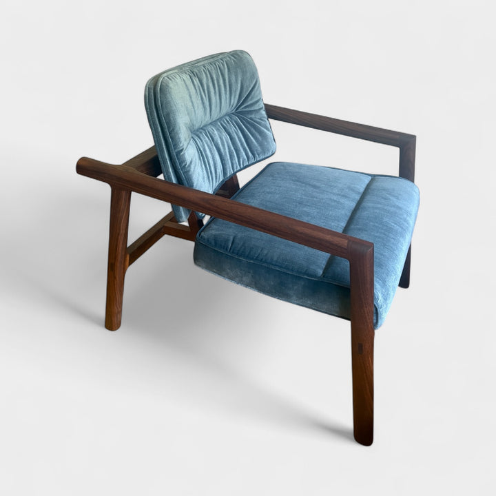 Blue velvet micro corduroy upholstered chair with solid wood frame. Available in white oak or walnut, with a custom upholstery. Hand made in Los Angeles California.