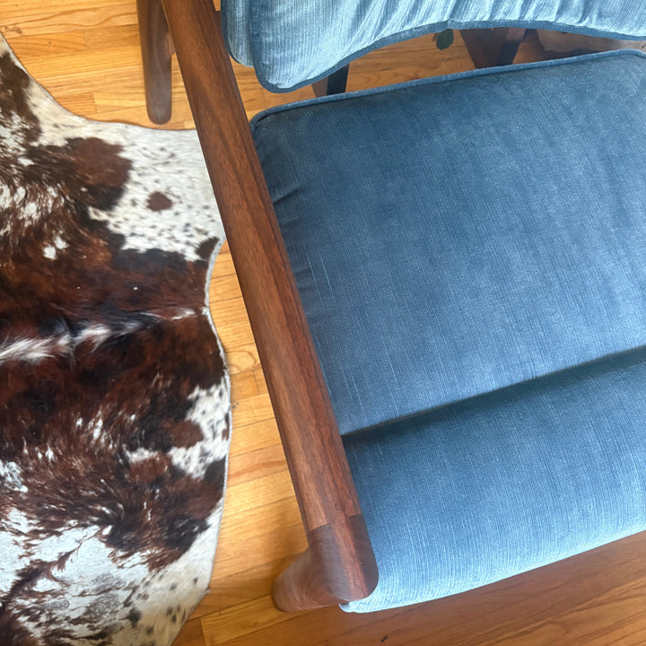 Blue velvet micro corduroy upholstered chair with solid wood frame. Available in white oak or walnut, with a custom upholstery. Hand made in Los Angeles California.