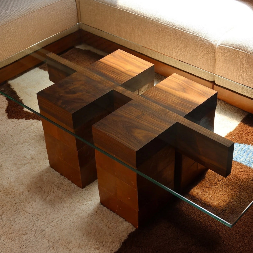 A mid-century modern wooden coffee table with a geometric cross-shaped dark wood base and a clear glass top, placed on a textured rug in a living room setting.