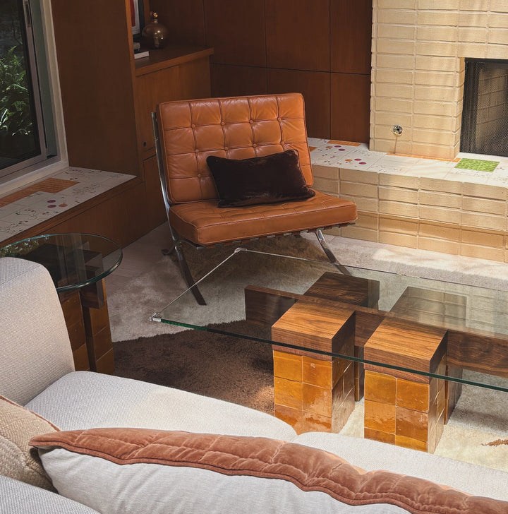 Custom zellige tiled coffee table with walnut and clear rectangle glass top.