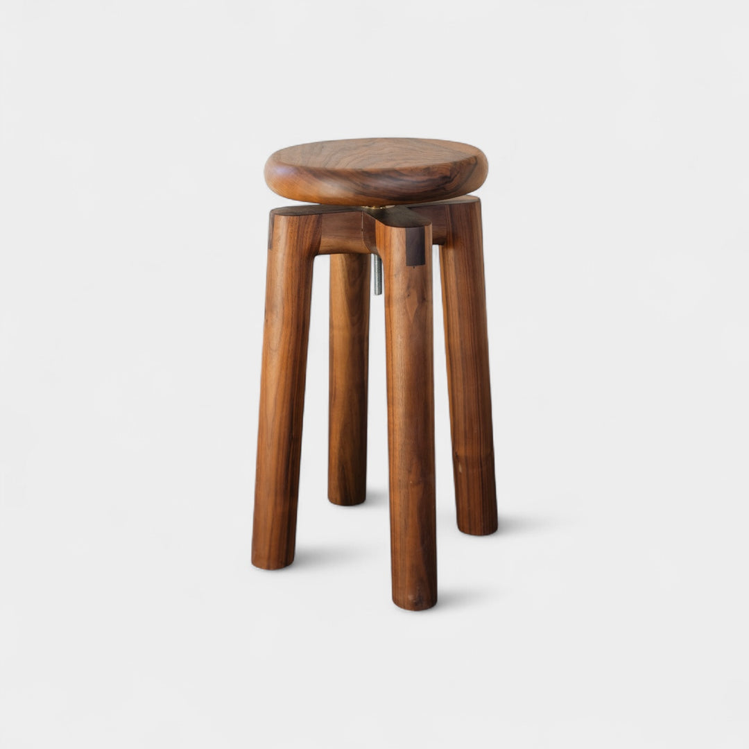 Solid walnut wood stool with a round seat that swivel screws up and down 5". Available in white oak, ebonized oak, white oak, and ash.