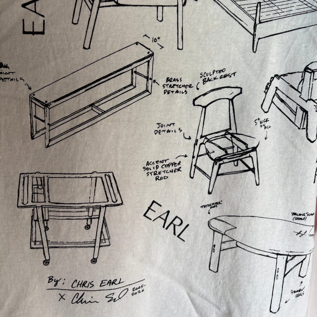 T Shirt with drawings and furniture sketches as the artwork 'EARL' branding on a white background